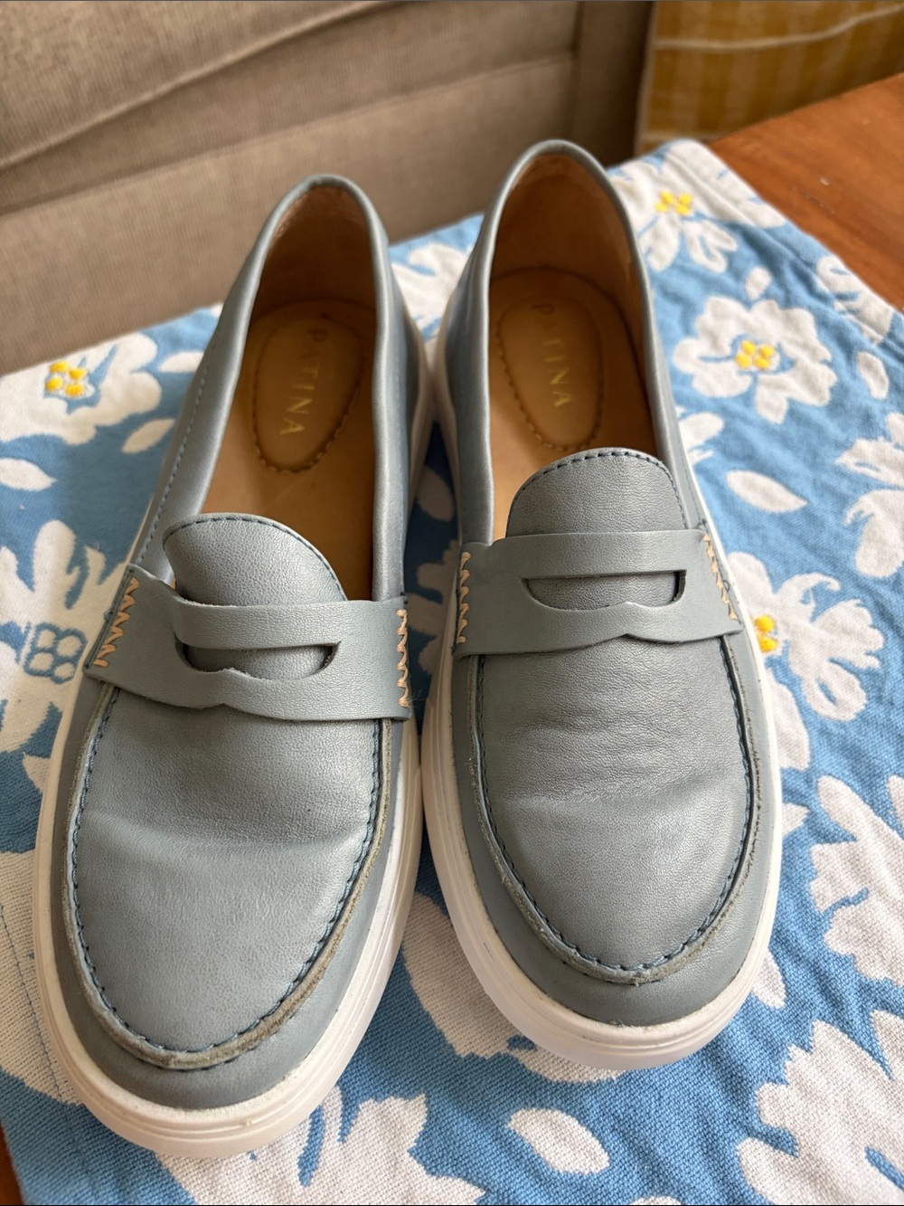 Light Blue Leather Penny Loafers with White Platform Sole